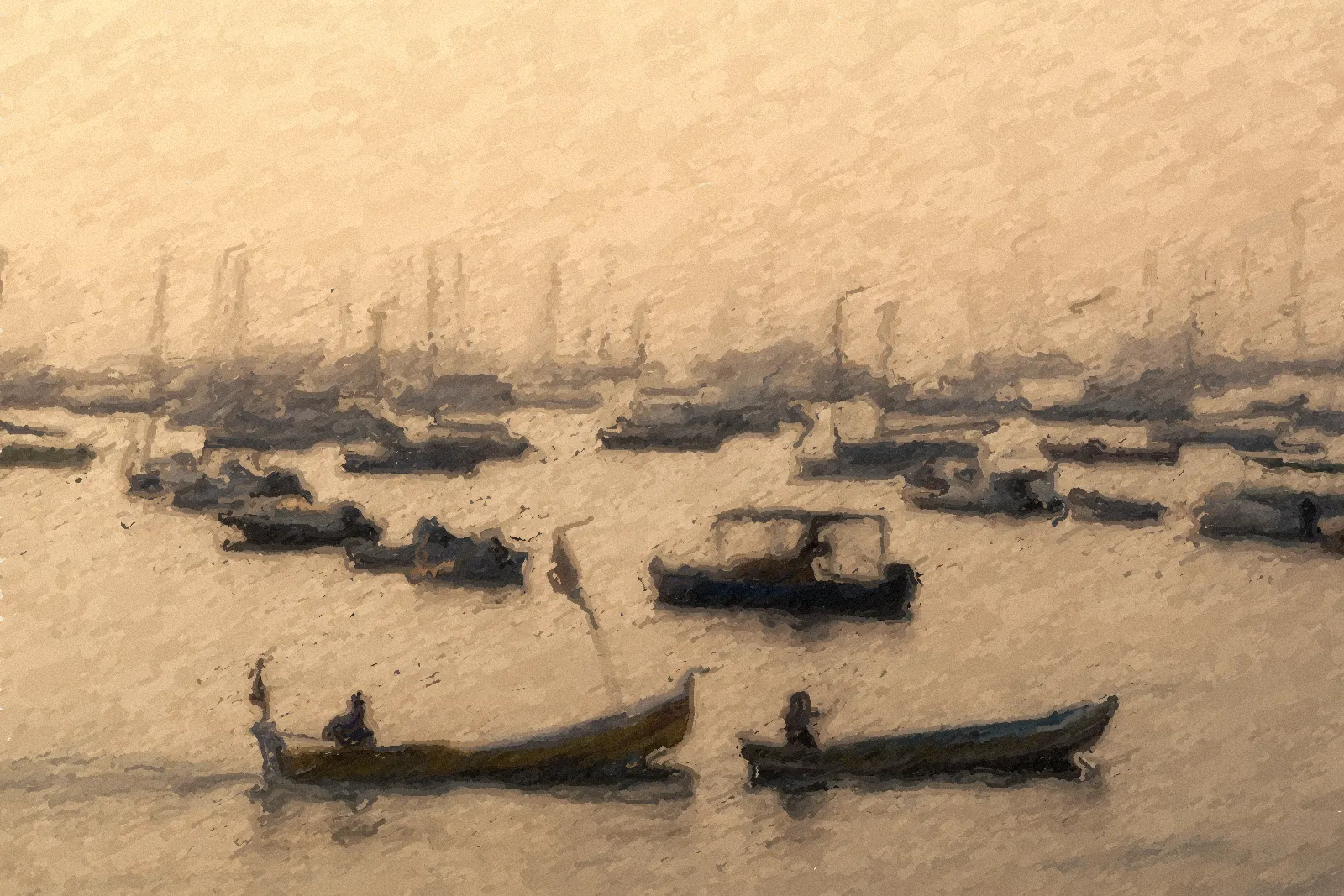 Boats on Mumbai harbour at sunrise, painted